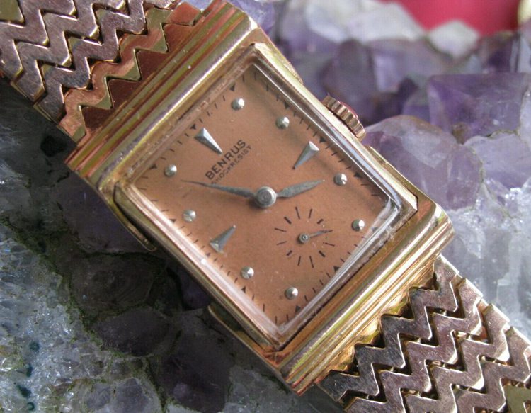 Vintage Benrus Wrist Watch, 14K Rose Gold Case, Bracelet, And Heavy Lugs
