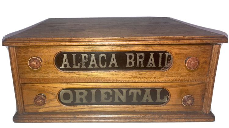 Vintage Spool Thread Wood Cabinet 2 Drawer Alpaca Braid Oriental sold for $649.00
