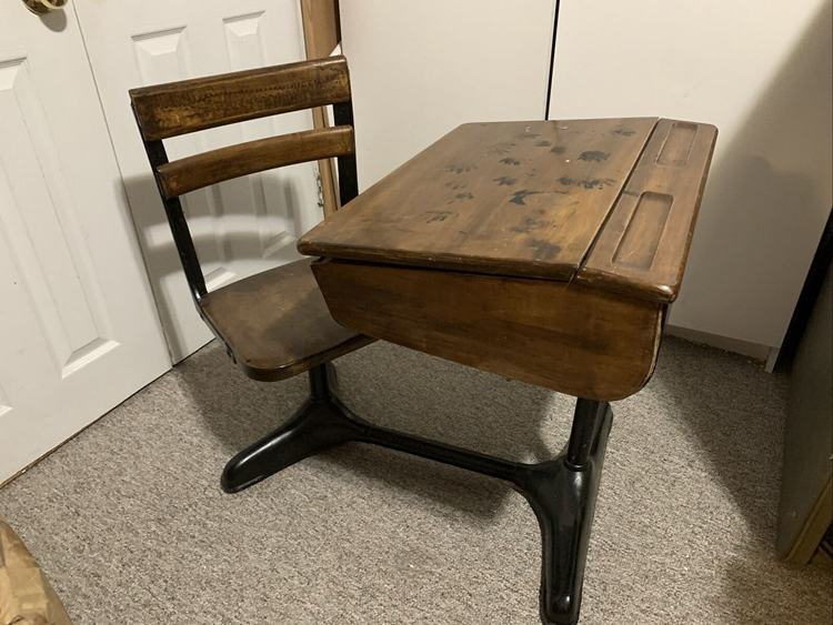 Antique School Desk & Chair Attached Below