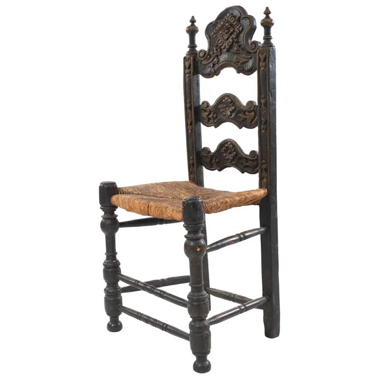 Renaissance-style green and gold painted & carved ladder back chair