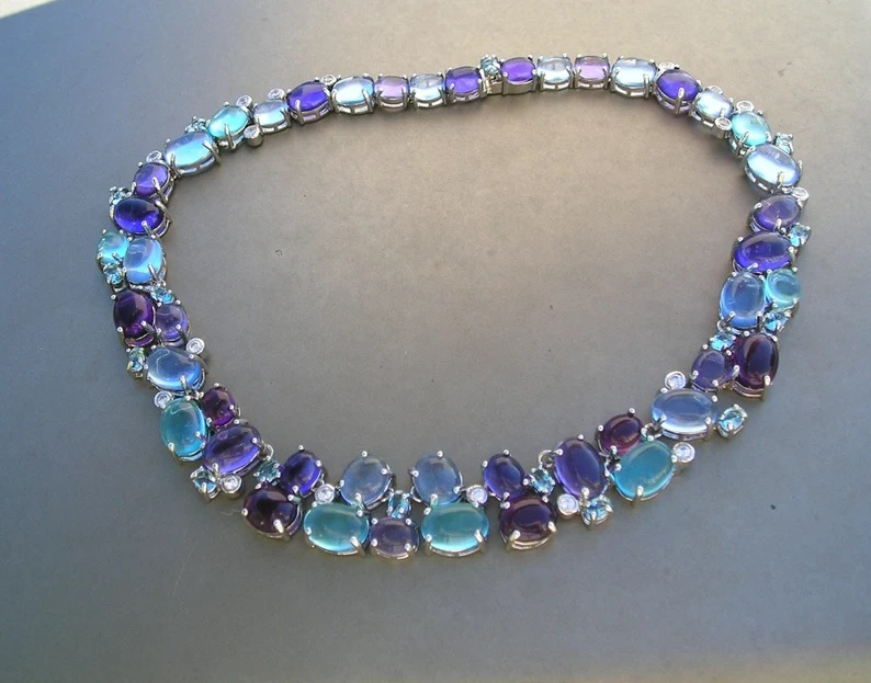 Stunning Vintage Purple Blue Glass Cabochon Open Back Statement Necklace
