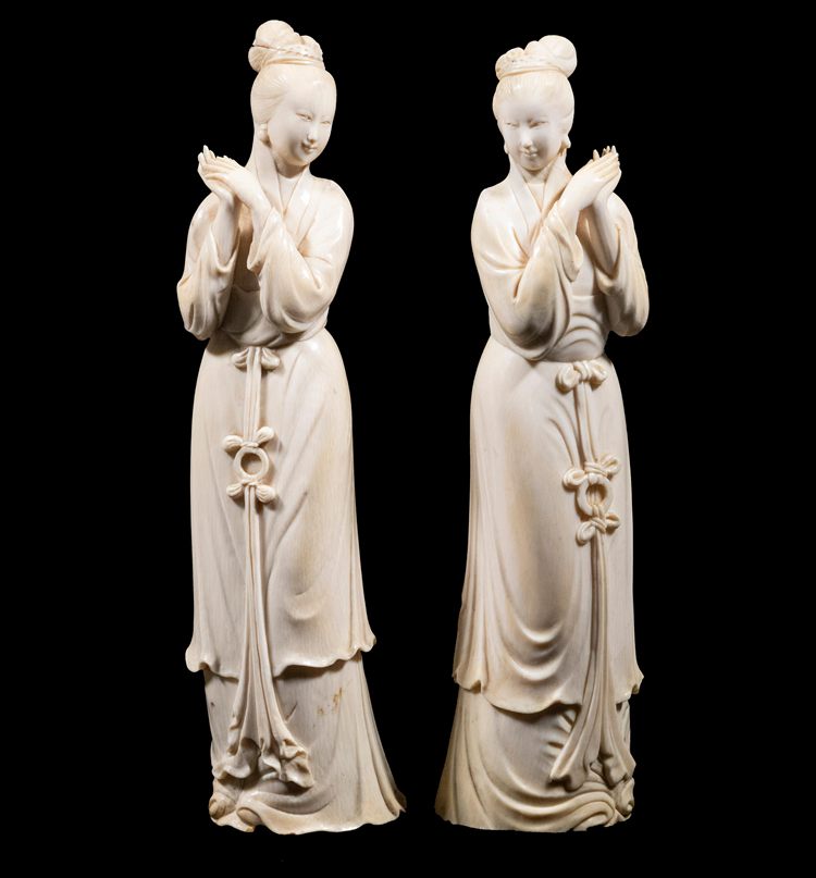 19TH C. PR OF SIGNED CHINESE IVORY FIGURINES sold for $1,100