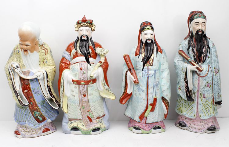 4 Chinese Figurines. One is of the Emperor, 2 scholars, and 1 temple priest sold for $110