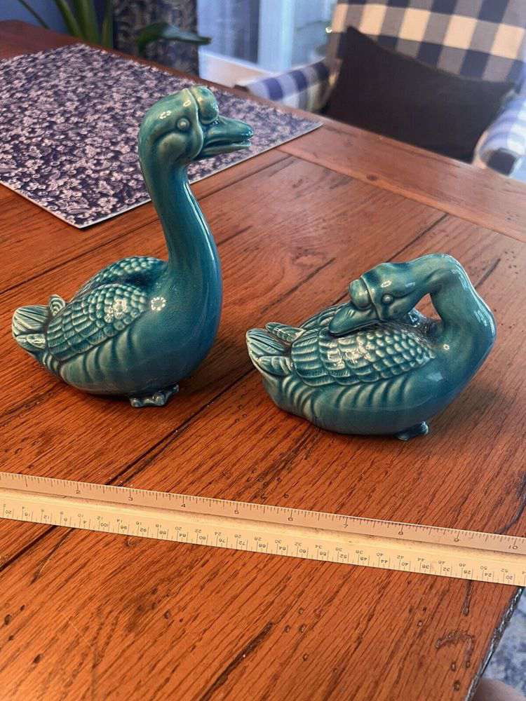ANTIQUE PAIR CHINESE TURQUOISE BLUE GOOSE OR DUCK FIGURINES Signed or Marked sold for $299.00