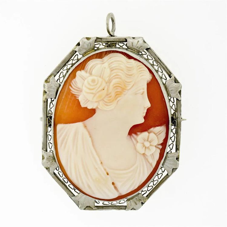 Antique Art Deco 14K White Gold Carved Shell Cameo