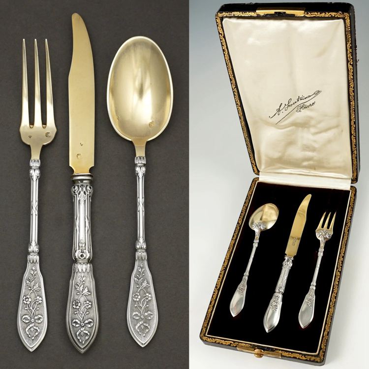 Antique French Sterling Silver Gold Vermeil 3pc Flatware Cutlery Gift Set, Musical Instruments Motif, Henin & Cie Grand Cru