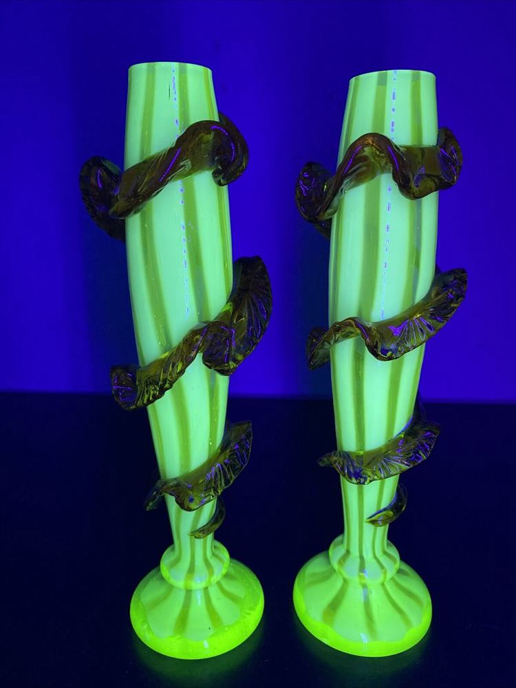Antique Pair of Harrach Bohemian Uranium Candy Striped Glass Vases