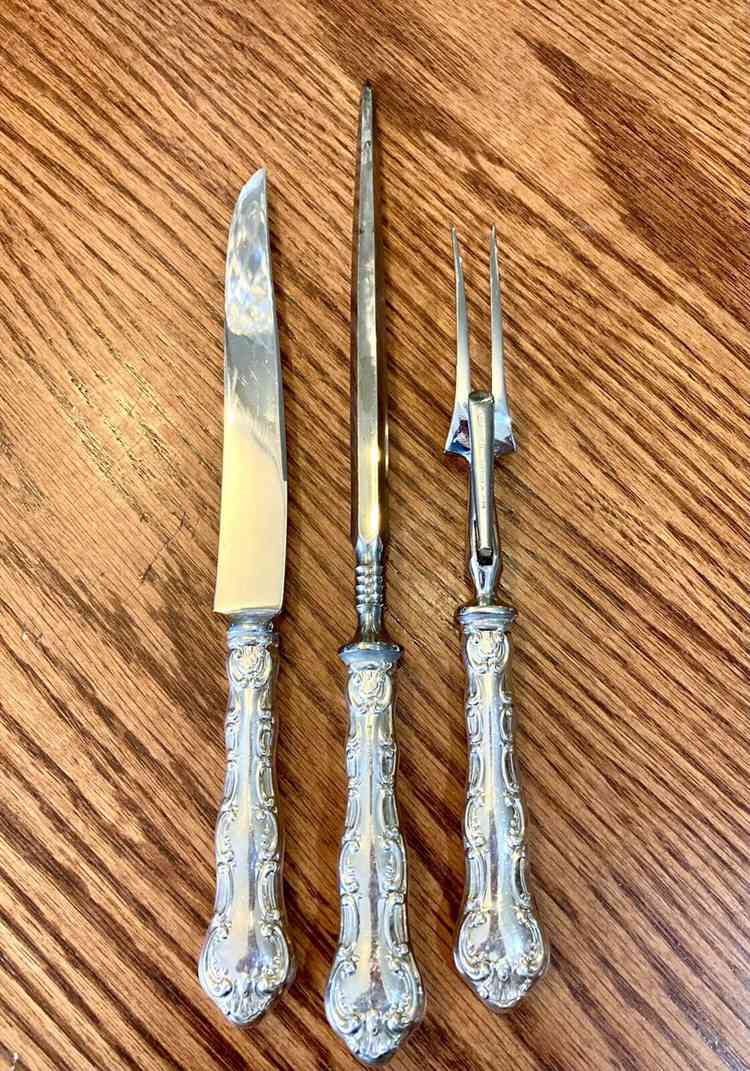 Antique Pompadour Birks Sterling Silver Carving Fork, Knife, and Sharpener $42.00