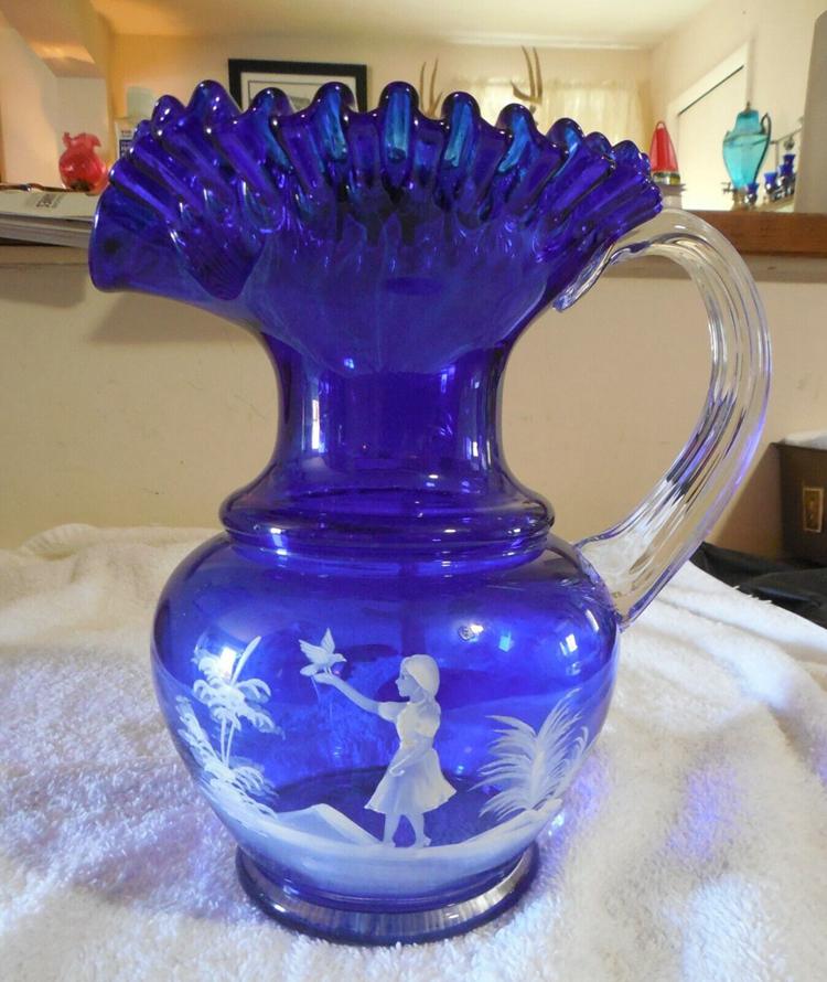 Fenton Mary Gregory Blue Depression Glass Water Pitcher