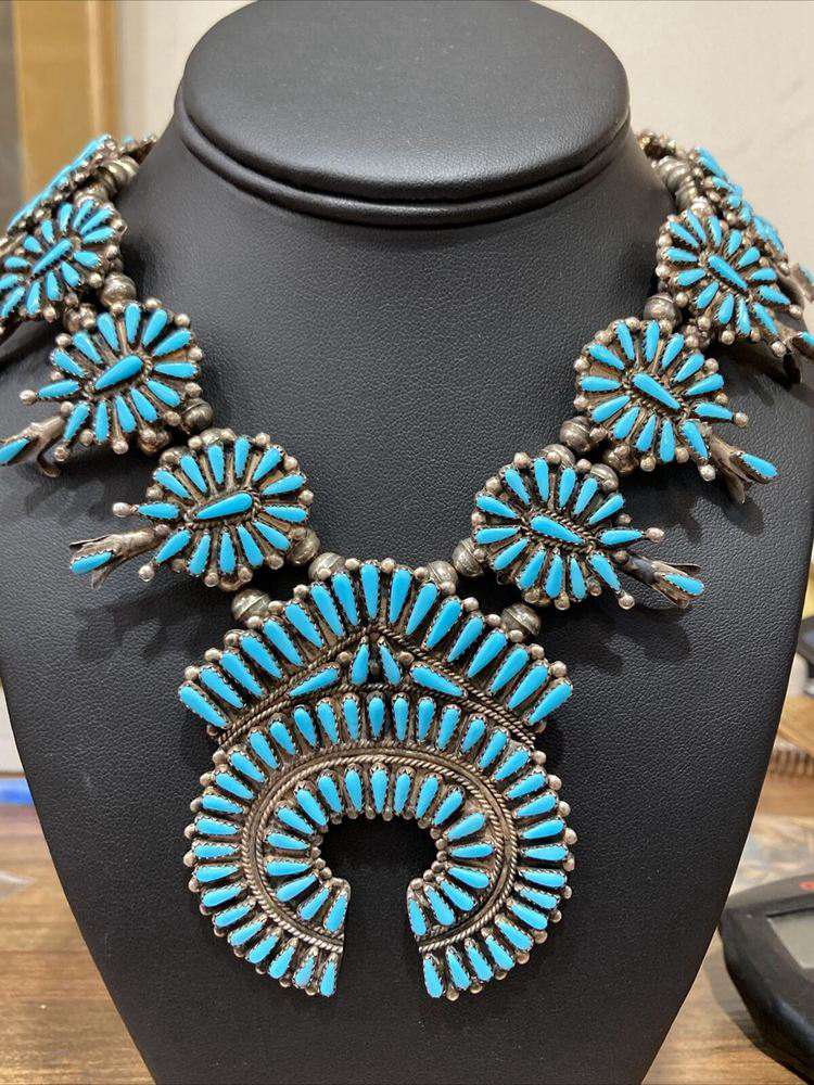 Old Pawn Zuni Squash Blossom Silver and Turquoise Necklace Signed I. John 26