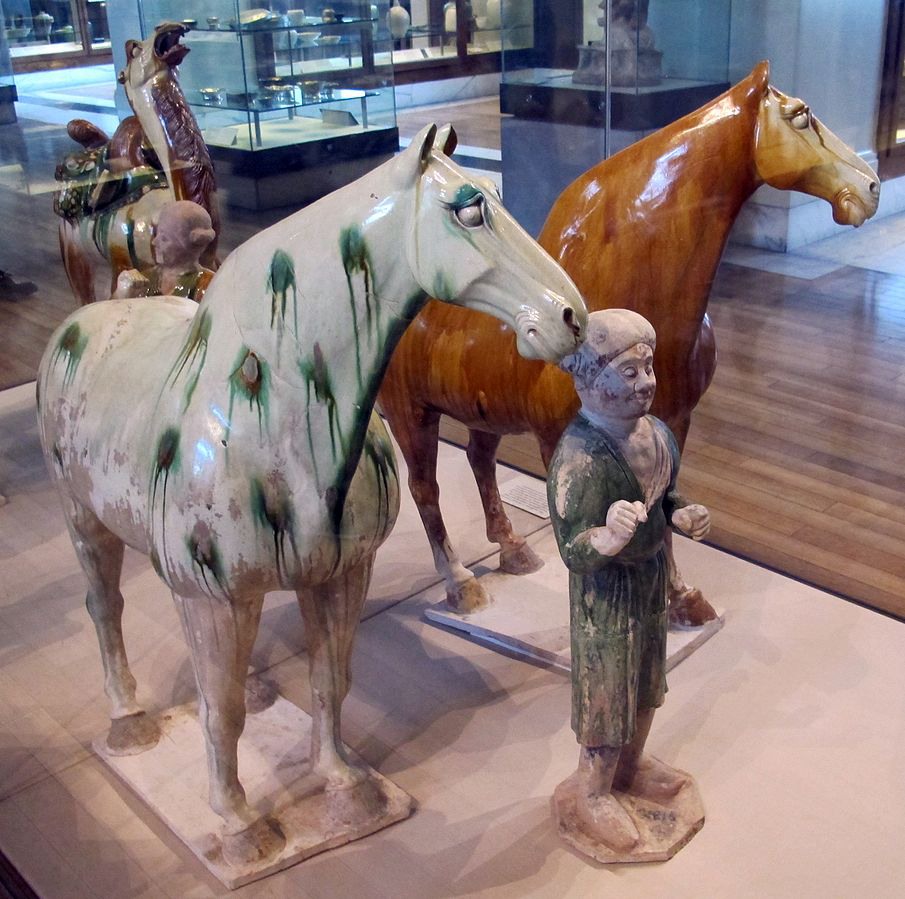 Two sancai-glazed horses and groom, c. 728, from the tomb of the general Liu Tingxun