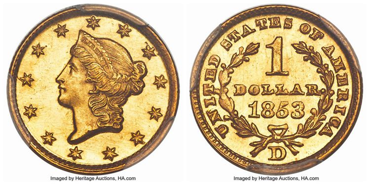 $1 1853 D Liberty Head Gold Dollar