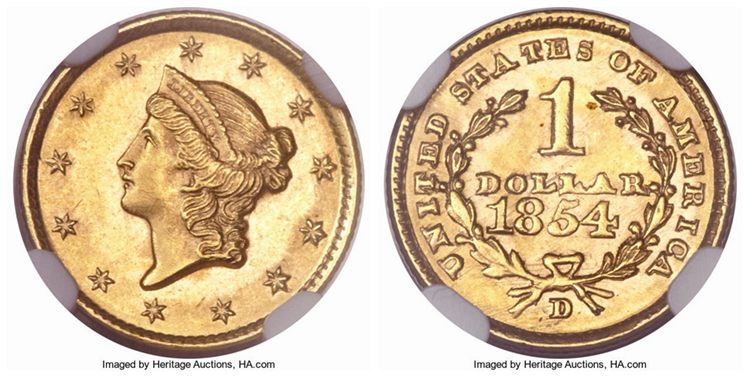 $1 1854 D Liberty Head Gold Dollar