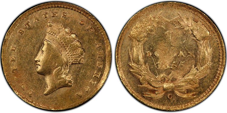 $1 1855 C Small Indian Head Gold Dollar