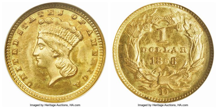 $1 1858 D Large Indian Head Gold Dollar