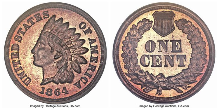 1864 Indian Head Penny L On Ribbon
