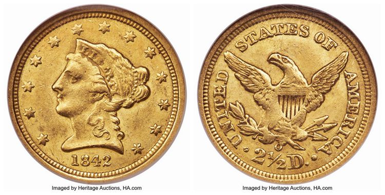 $2.50 1842 O Coronet Head Gold Quarter Eagle
