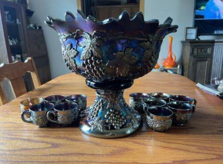 Antique Carnival Glass Punch Bowl With Grape Design 11 piece