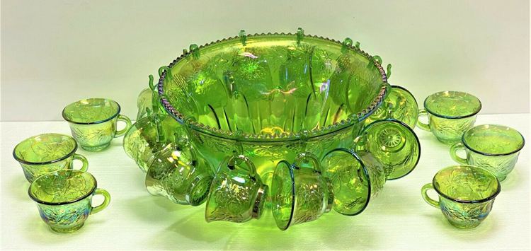 Antique Green Indiana Glass Depression Punch Bowl With 18 Cups