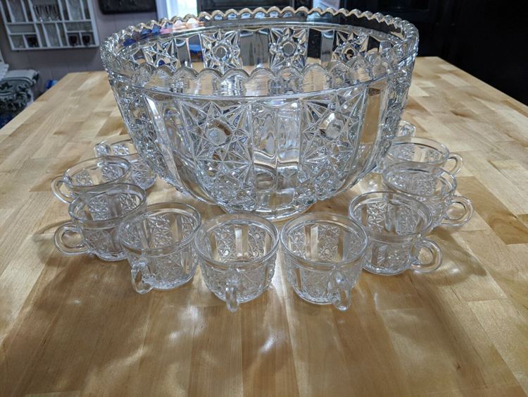 Antique Pressed Glass Clear Punch Bowl With 16 Cups and Ladle