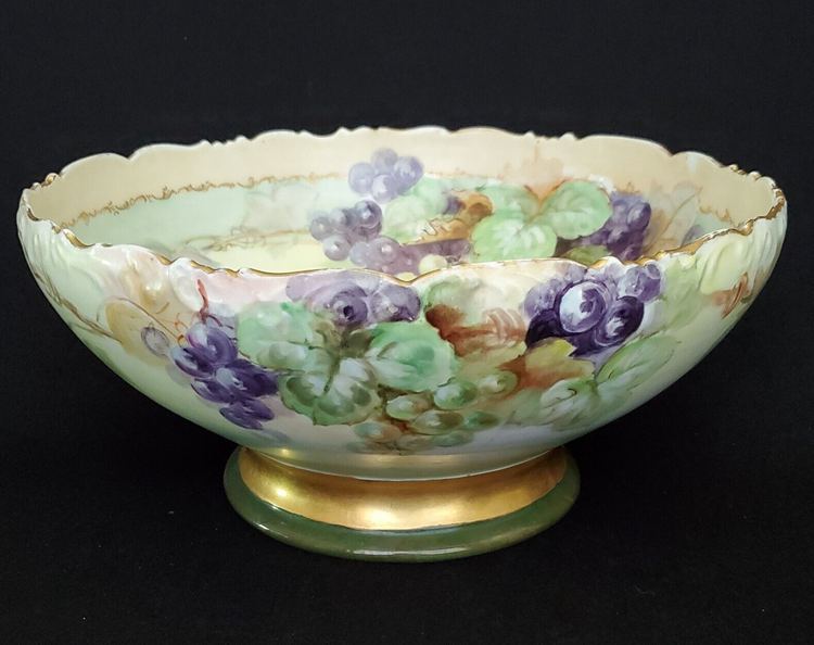 Antique T&V Limoges Hand Painted Punch Bowl With Grapes & Leaves Pattern