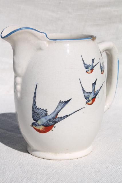 Early 1900s vintage Buffalo China bluebird pattern pitcher