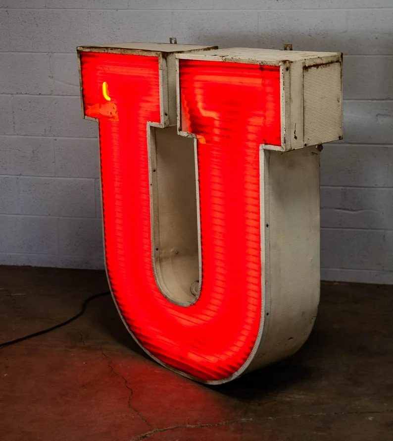 Mid Century Modern Neon Sign Marquee Letter U Working Large 48 Light Industrial