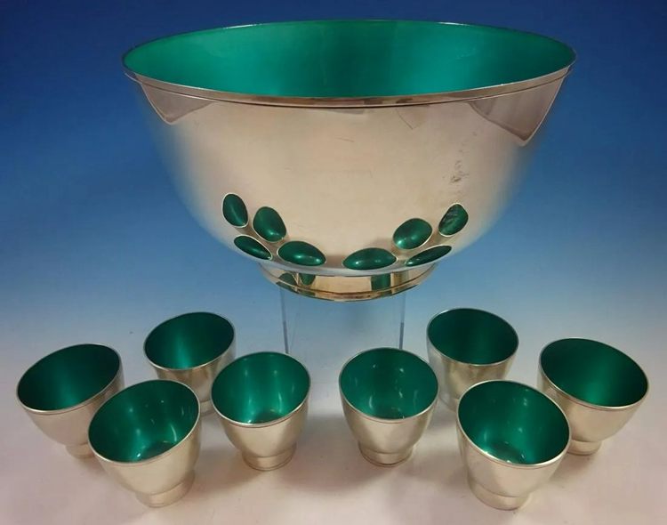 Towle Sterling Silver Punch Bowl and Cups with Turquoise Enamel
