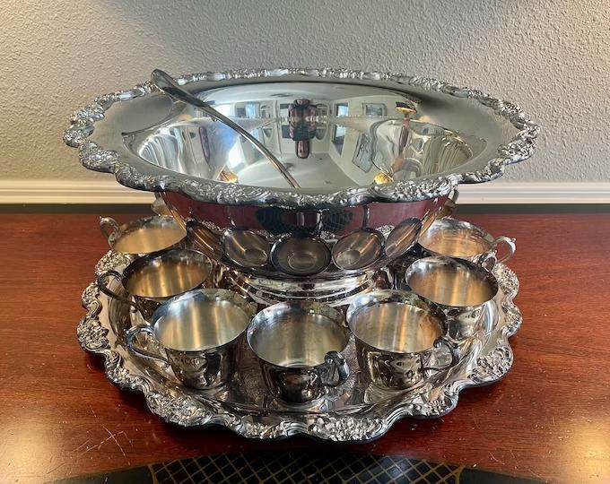 Vintage Towle Silver Plated Punch Bowl 15 Pieces with 12 Cups, Tray & Ladle